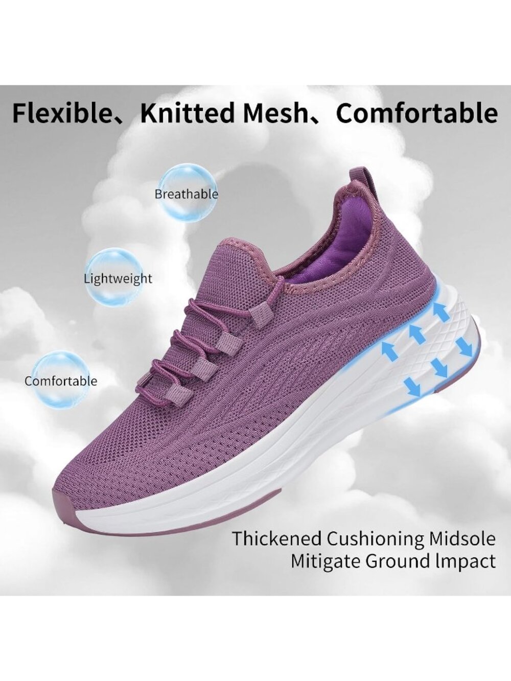Women's Purple Breathable Lightweight Walking Non Slip Fashion Casual Sneaker - Picture 3 of 6